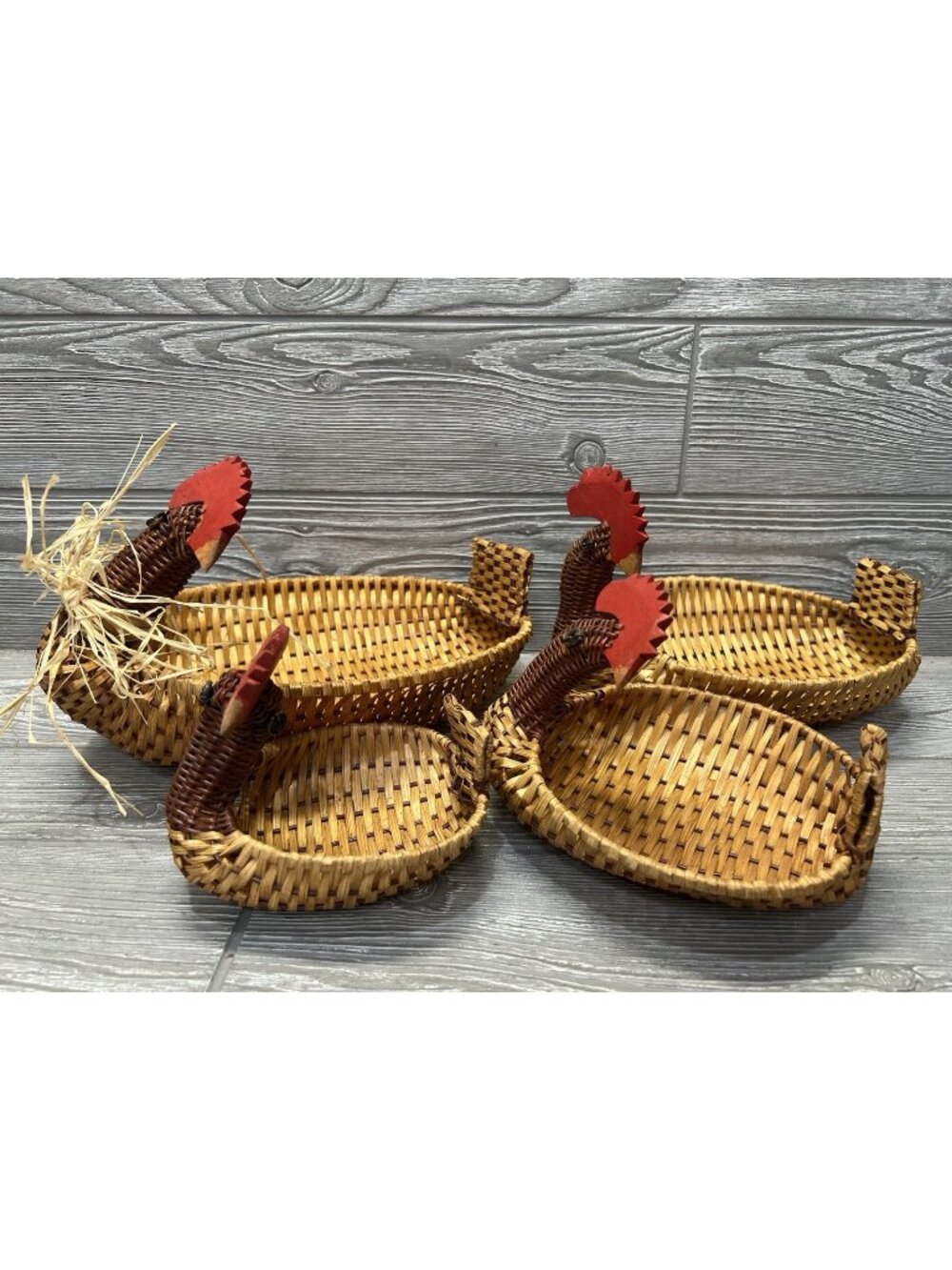 Vintage Nesting Rattan Baskets Chickens Roosters Set of 4 Farmhouse Decor 1970s
